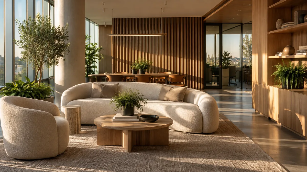 Light-filled office lounge with oak joinery, cream seating and indoor greenery