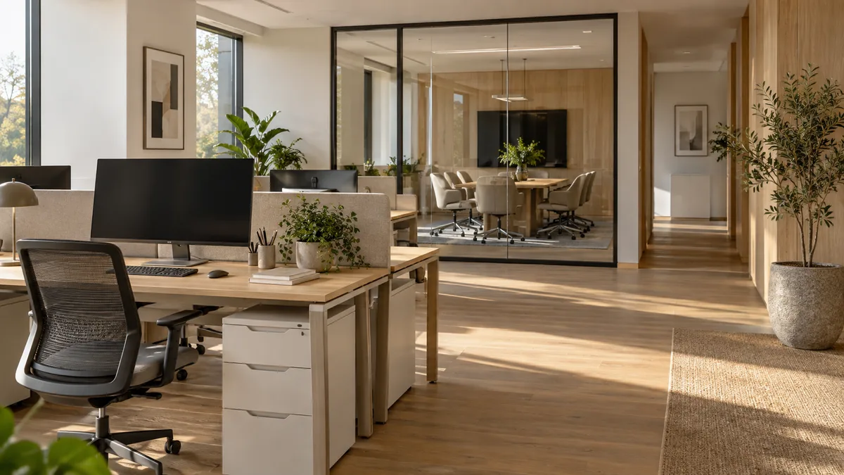 Contemporary office with practical workstations and a glazed meeting room